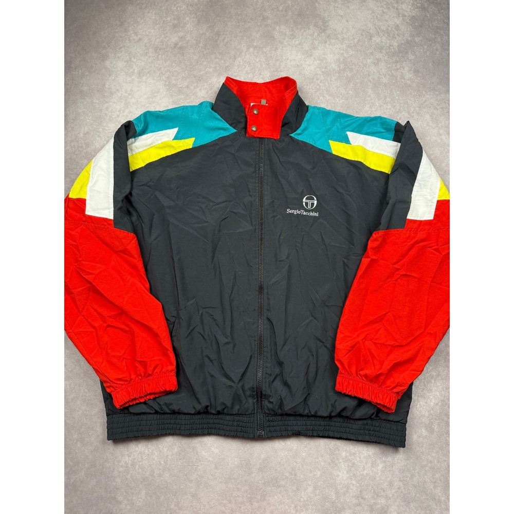 VTG Sergio Tacchini  Colorblock Windbreaker Jacket Black Red Teal 90s Men 46/XL*
